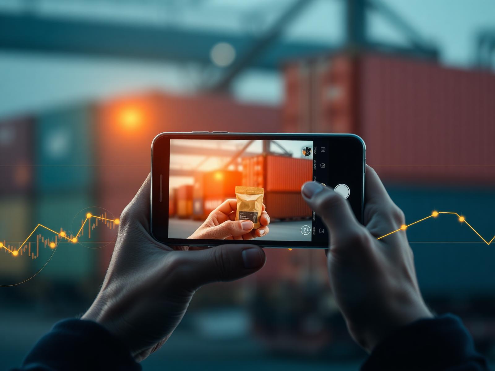 Acheteur photographiant un produit devant des conteneurs maritimes